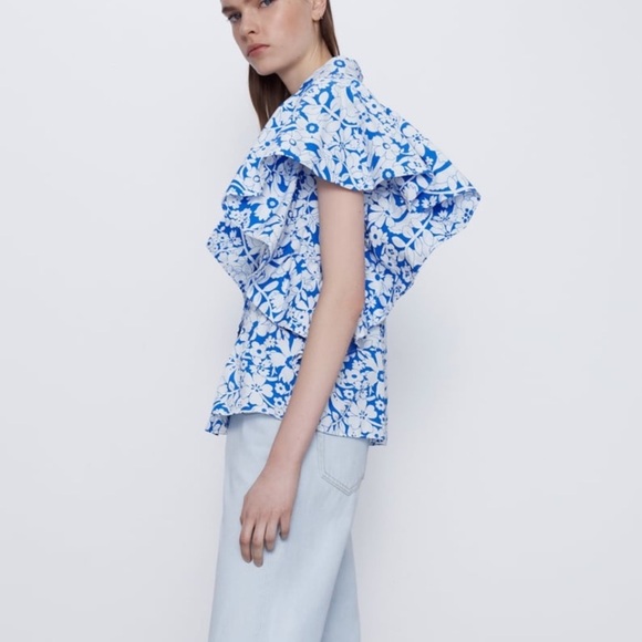 ZARA BNWT Blue/White Printed Poplin Cotton Top with Ruffled Sleeves Size M - Picture 5 of 9
